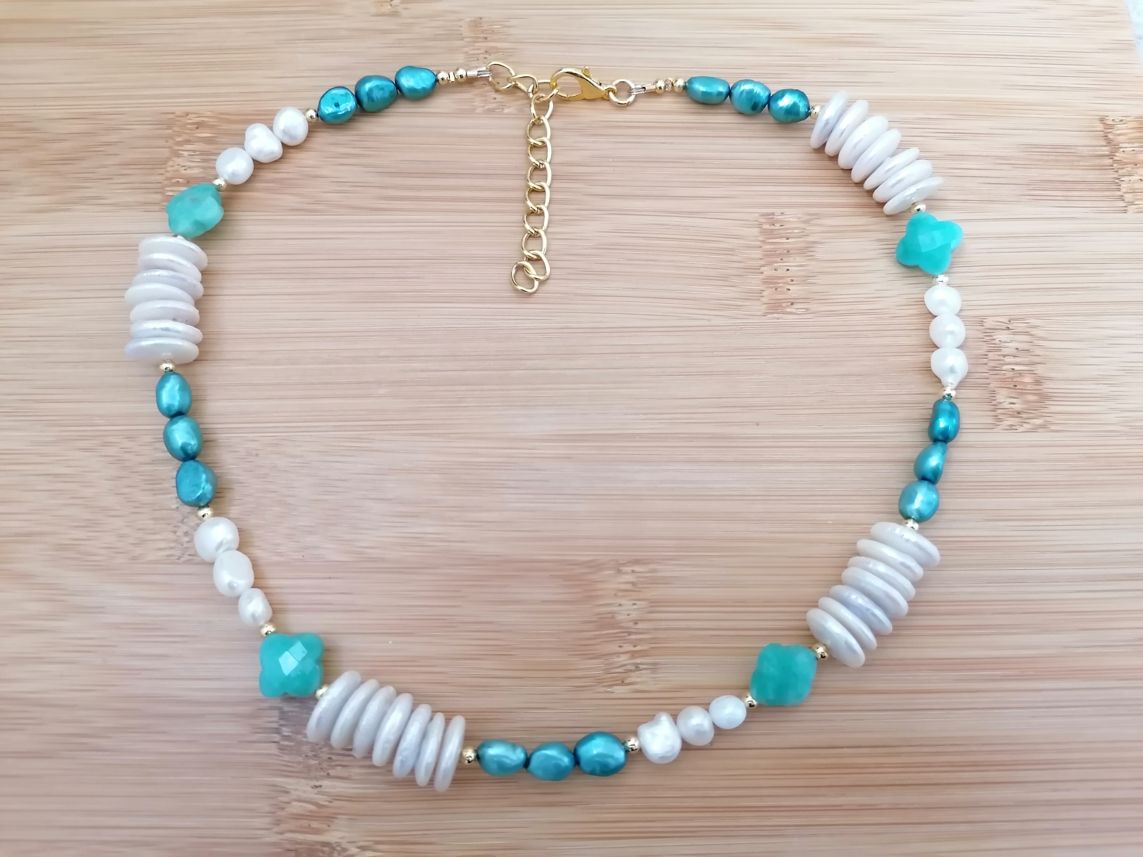 Freshwater Pearl & Russian Amazonite Quatrefoil Necklace