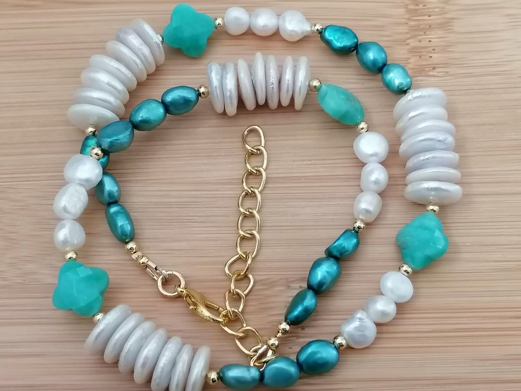 Freshwater Pearl & Russian Amazonite Quatrefoil Necklace