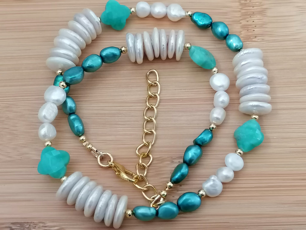 Freshwater Pearl & Russian Amazonite Quatrefoil Necklace