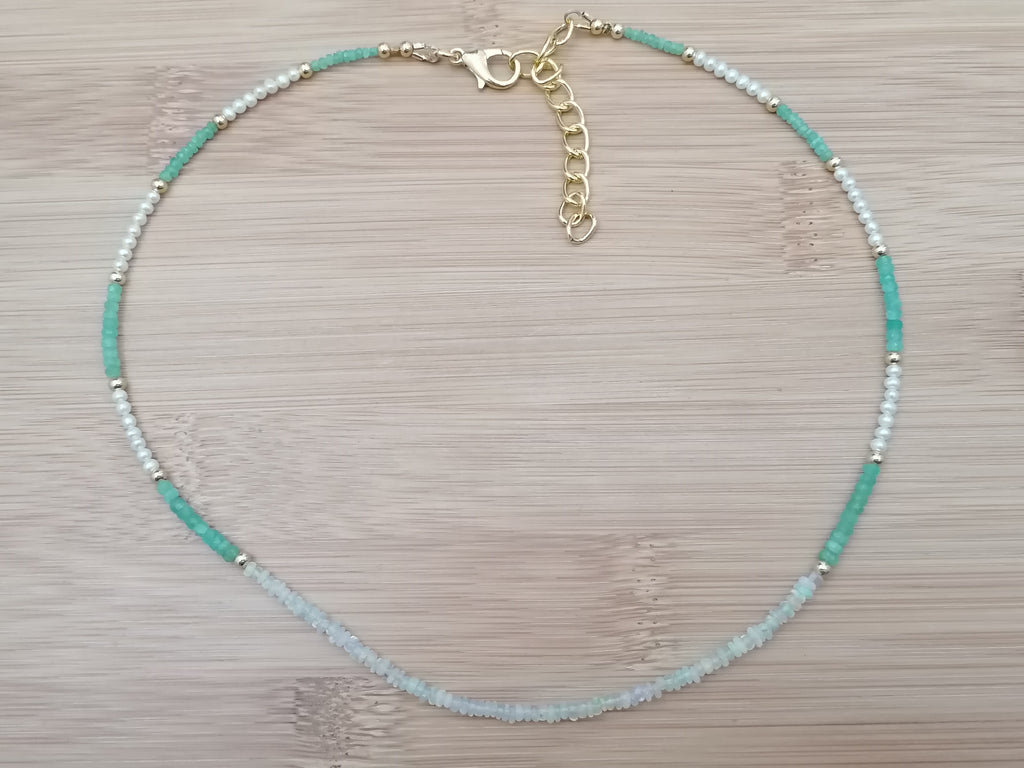 Ethiopian Opal, Freshwater Seed Pearl & Apatite Gemstone Necklace