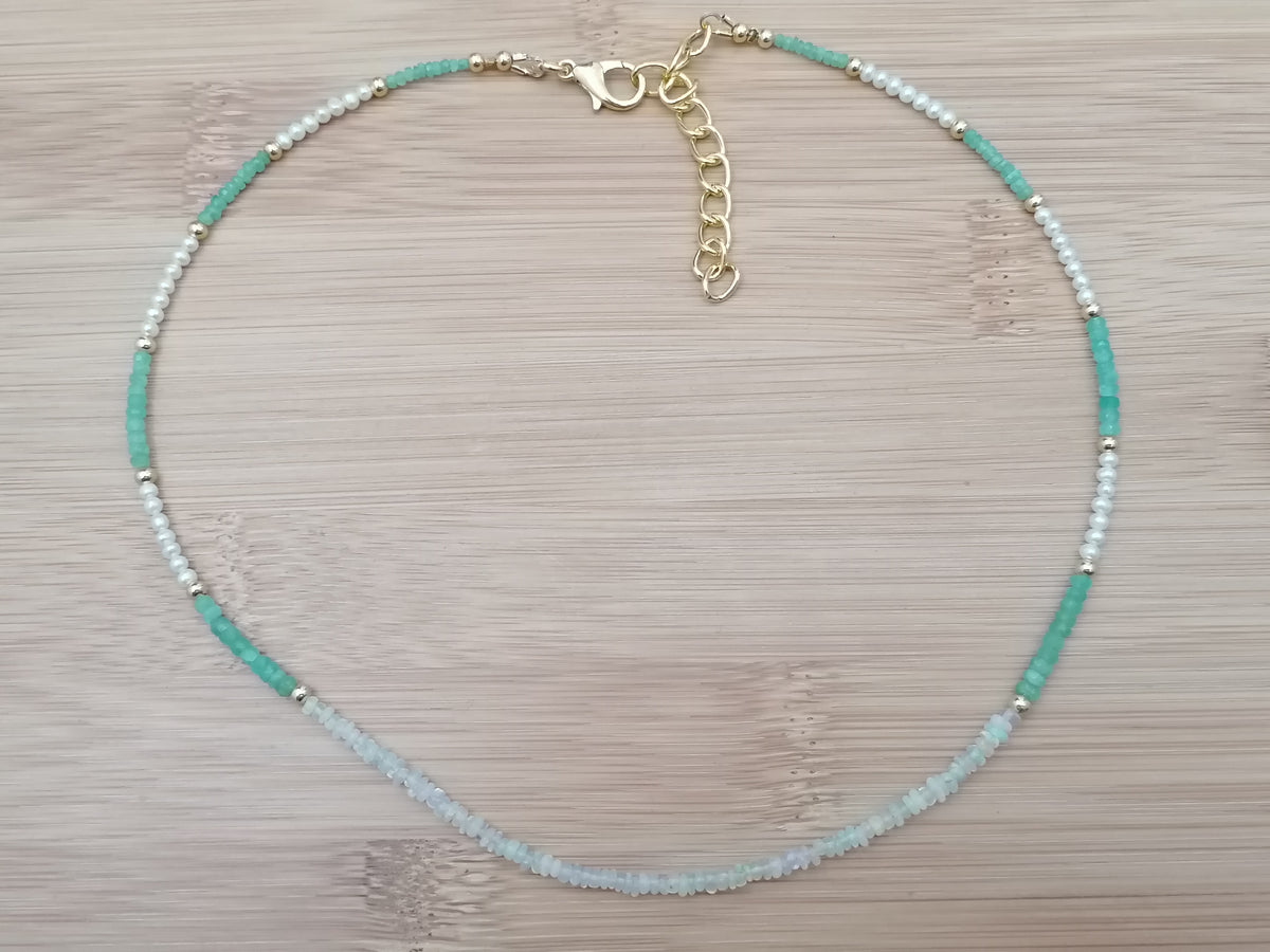 Ethiopian Opal, Freshwater Seed Pearl & Apatite Gemstone Necklace