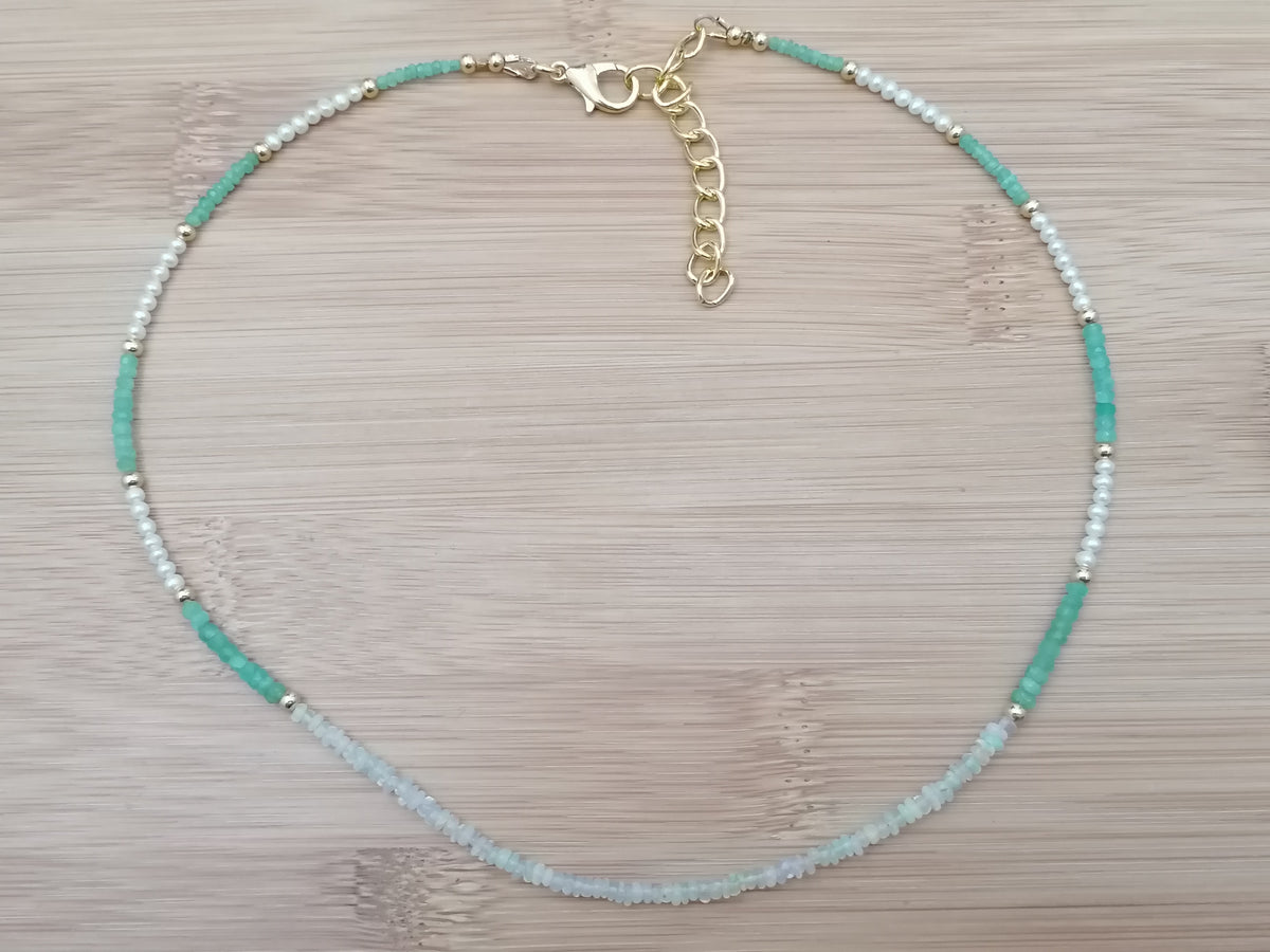 Ethiopian Opal, Freshwater Seed Pearl & Apatite Gemstone Necklace