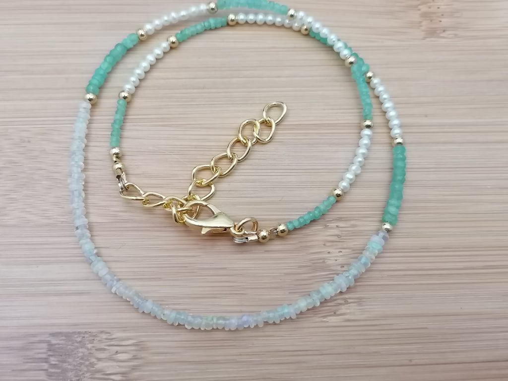 Ethiopian Opal, Freshwater Seed Pearl & Apatite Gemstone Necklace