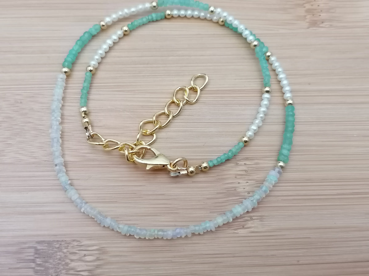 Ethiopian Opal, Freshwater Seed Pearl & Apatite Gemstone Necklace