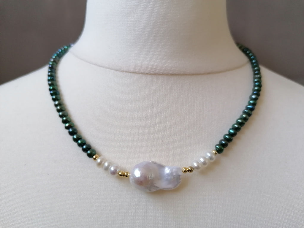 Cultured Freshwater Peacock Pearl Necklace with Baroque Flame Ball Pearl