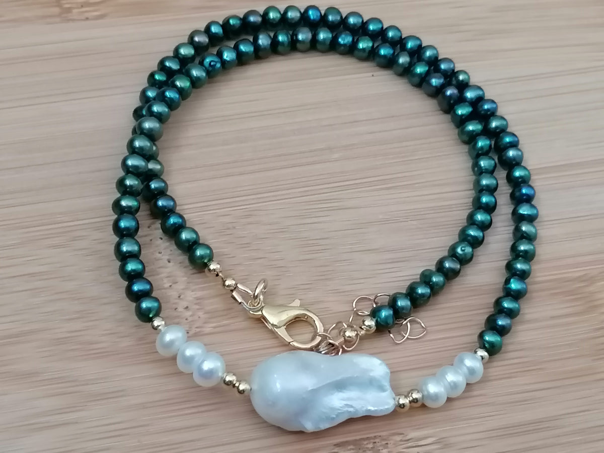 Cultured Freshwater Peacock Pearl Necklace with Baroque Flame Ball Pearl