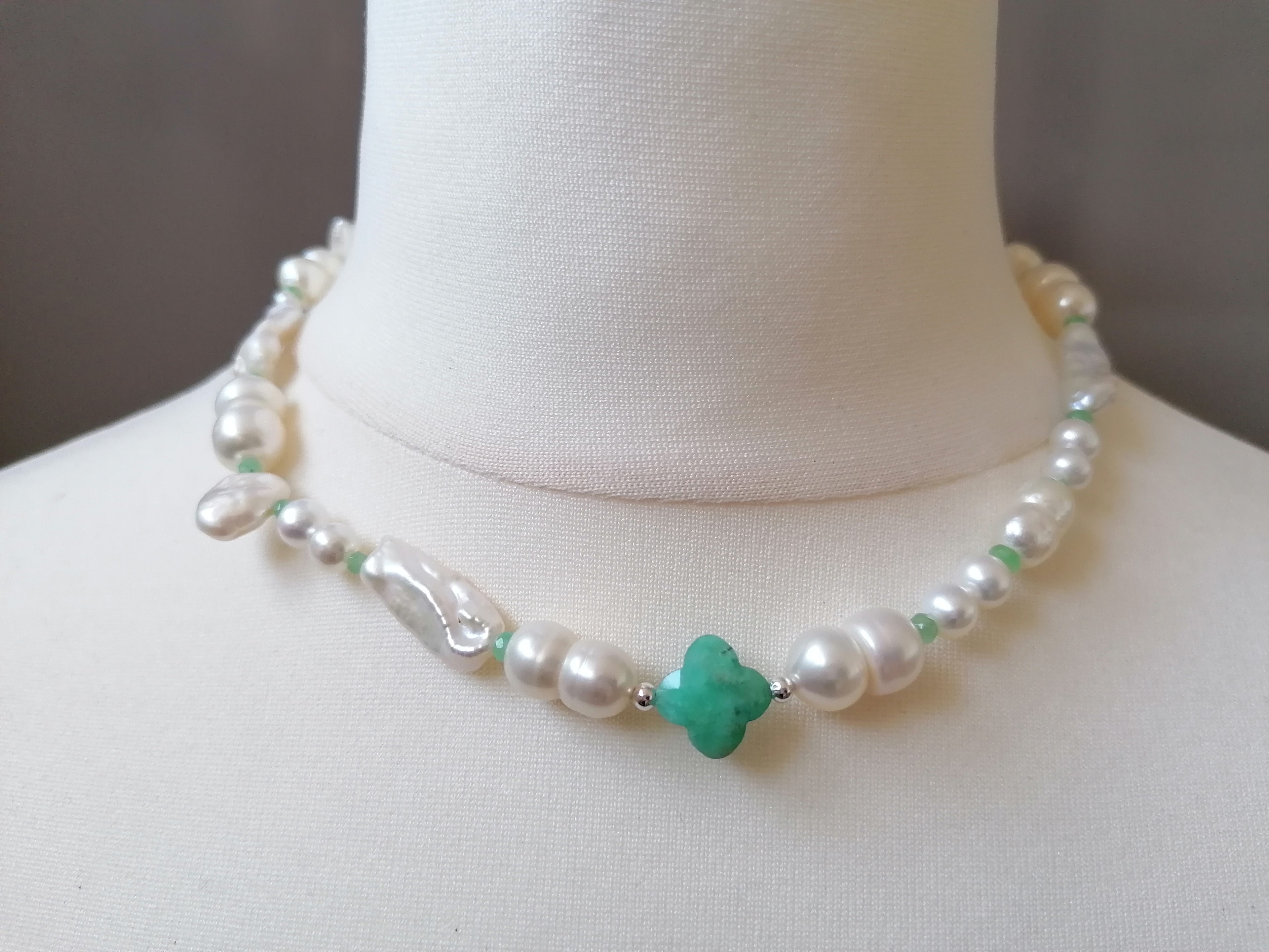 925 Sterling Silver Mixed Cultured Freshwater Pearl Choker with Aqua Chalcedony & Russian Amazonite