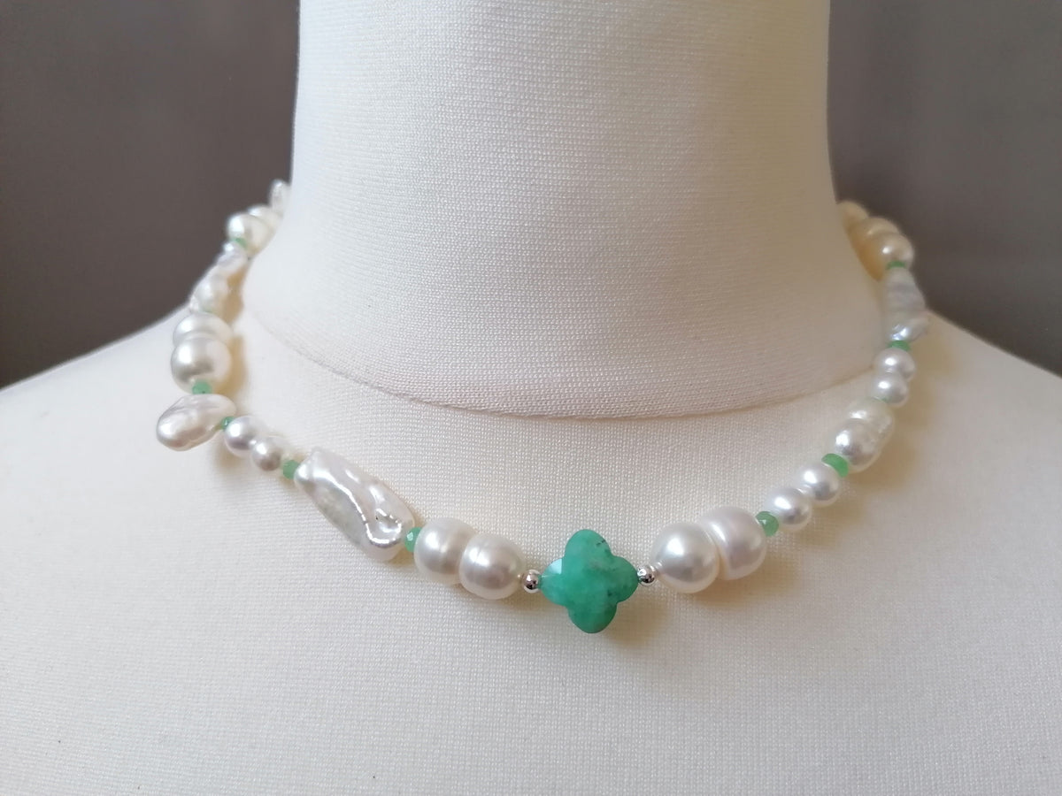 925 Sterling Silver Mixed Cultured Freshwater Pearl Choker with Aqua Chalcedony & Russian Amazonite