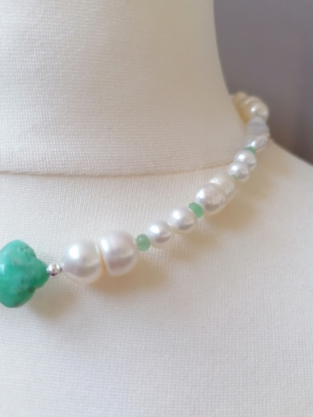 925 Sterling Silver Mixed Cultured Freshwater Pearl Choker with Aqua Chalcedony & Russian Amazonite