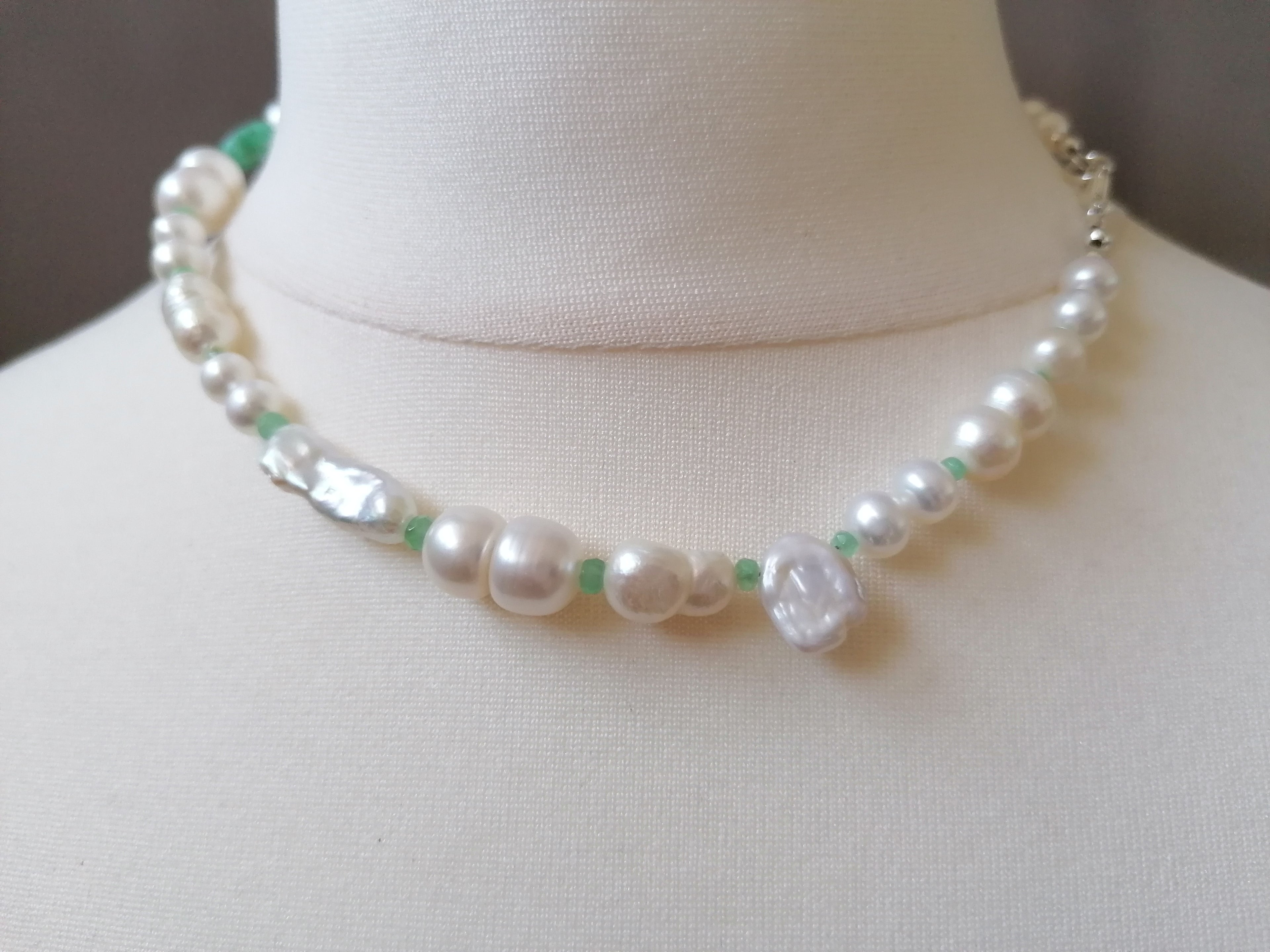 925 Sterling Silver Mixed Cultured Freshwater Pearl Choker with Aqua Chalcedony & Russian Amazonite