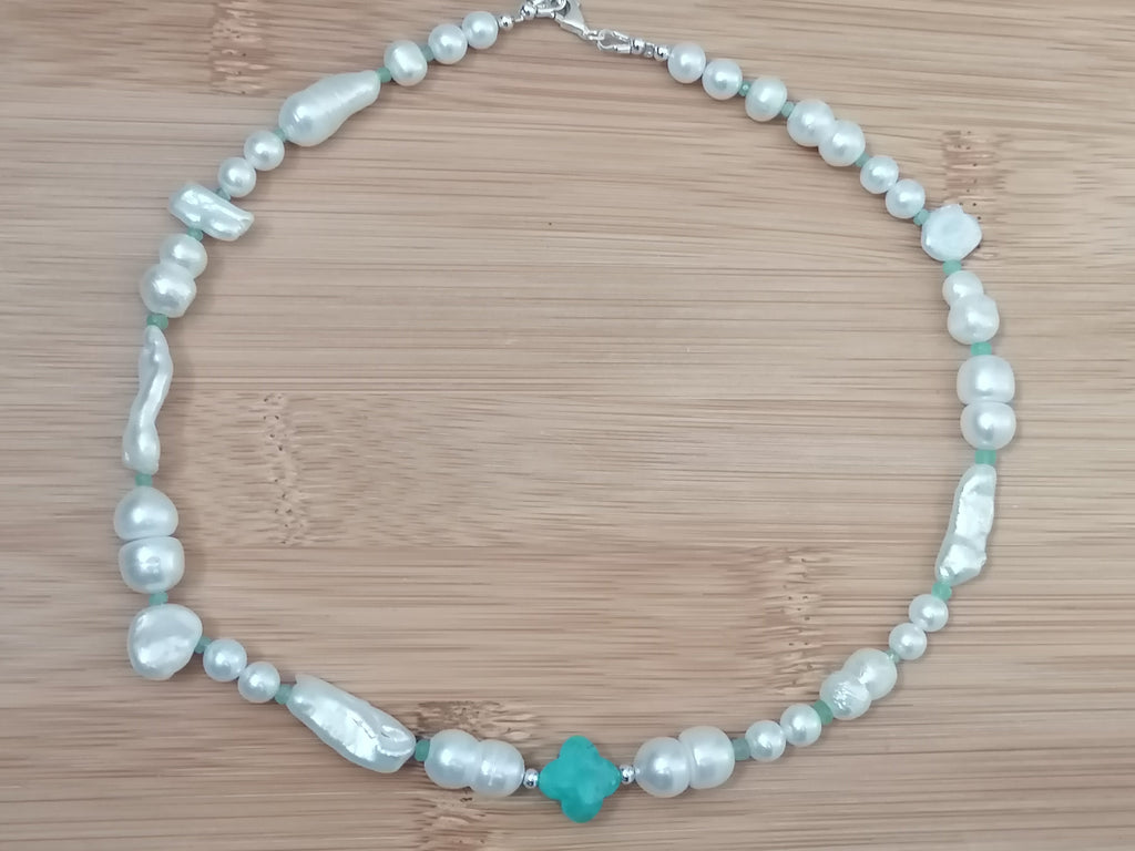 925 Sterling Silver Mixed Cultured Freshwater Pearl Choker with Aqua Chalcedony & Russian Amazonite