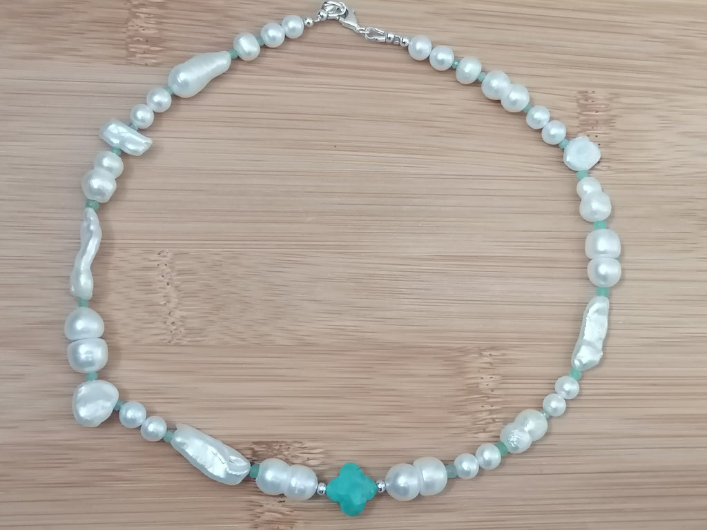 925 Sterling Silver Mixed Cultured Freshwater Pearl Choker with Aqua Chalcedony & Russian Amazonite