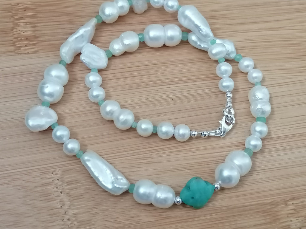 925 Sterling Silver Mixed Cultured Freshwater Pearl Choker with Aqua Chalcedony & Russian Amazonite