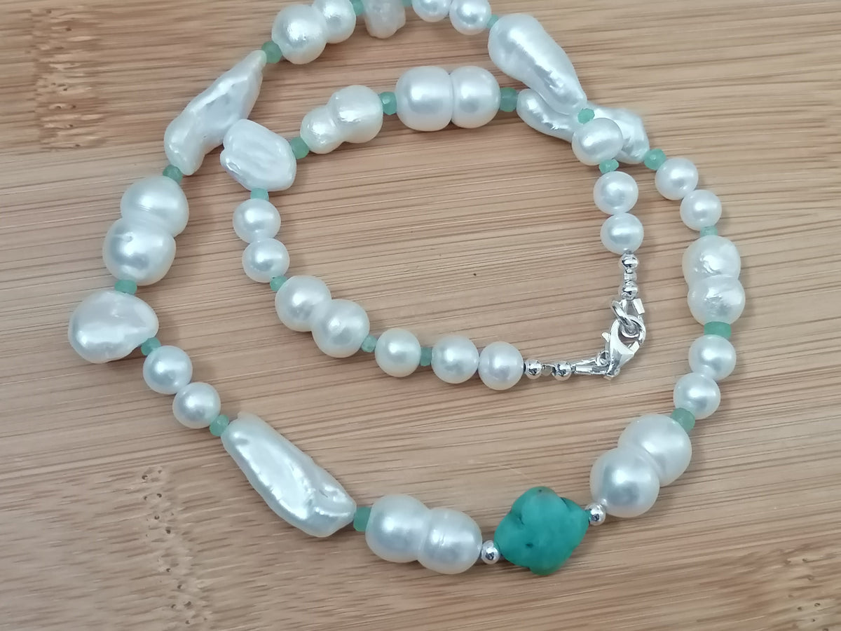 925 Sterling Silver Mixed Cultured Freshwater Pearl Choker with Aqua Chalcedony & Russian Amazonite