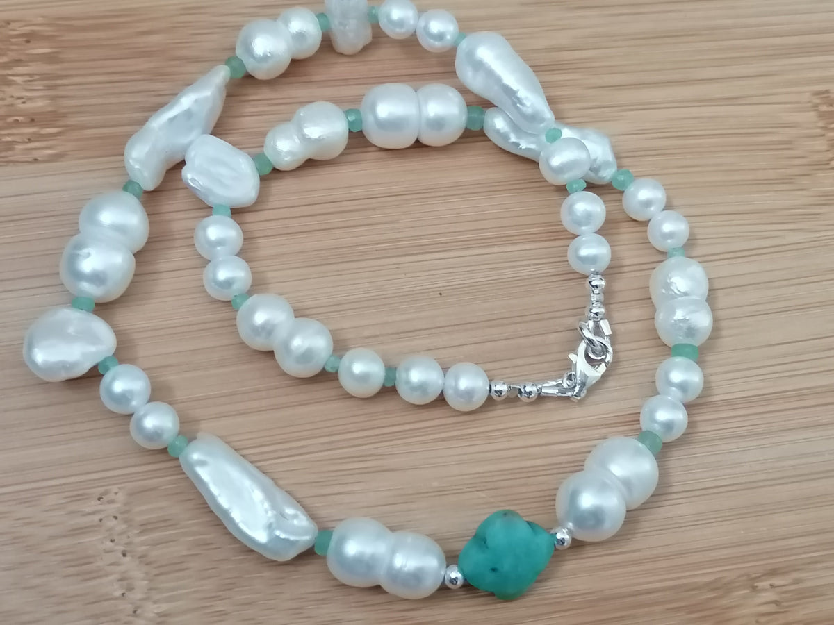 925 Sterling Silver Mixed Cultured Freshwater Pearl Choker with Aqua Chalcedony & Russian Amazonite