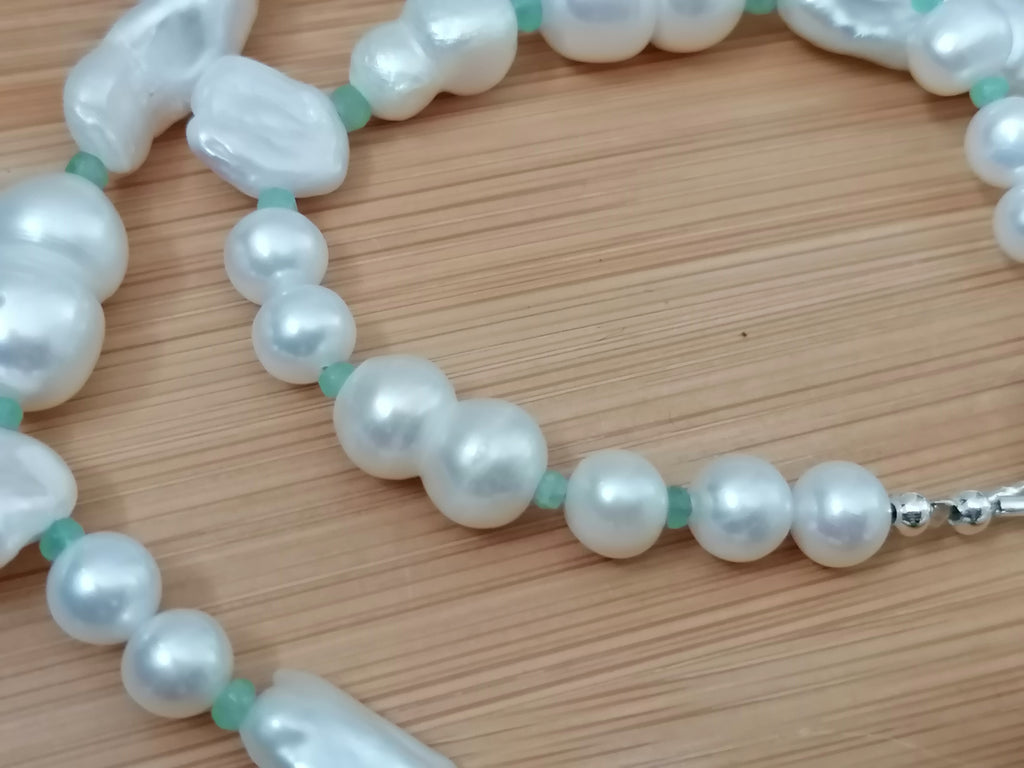 925 Sterling Silver Mixed Cultured Freshwater Pearl Choker with Aqua Chalcedony & Russian Amazonite