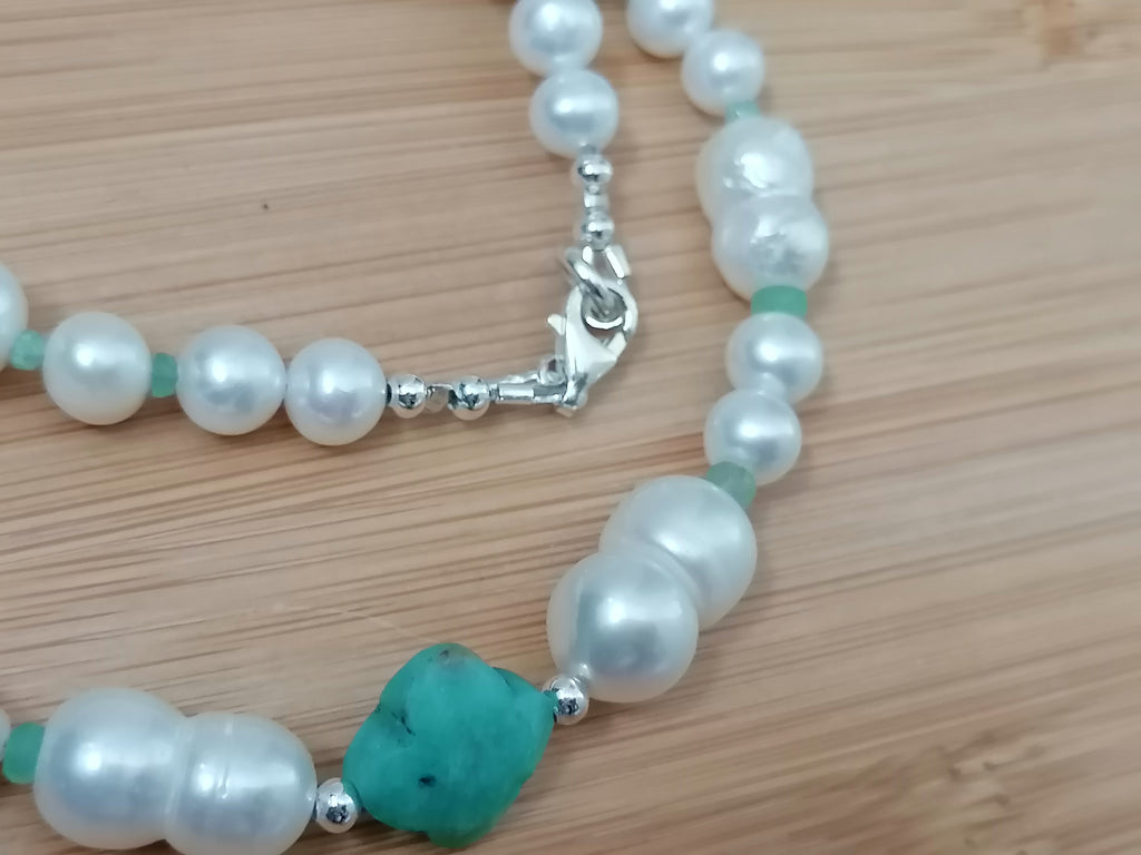 925 Sterling Silver Mixed Cultured Freshwater Pearl Choker with Aqua Chalcedony & Russian Amazonite