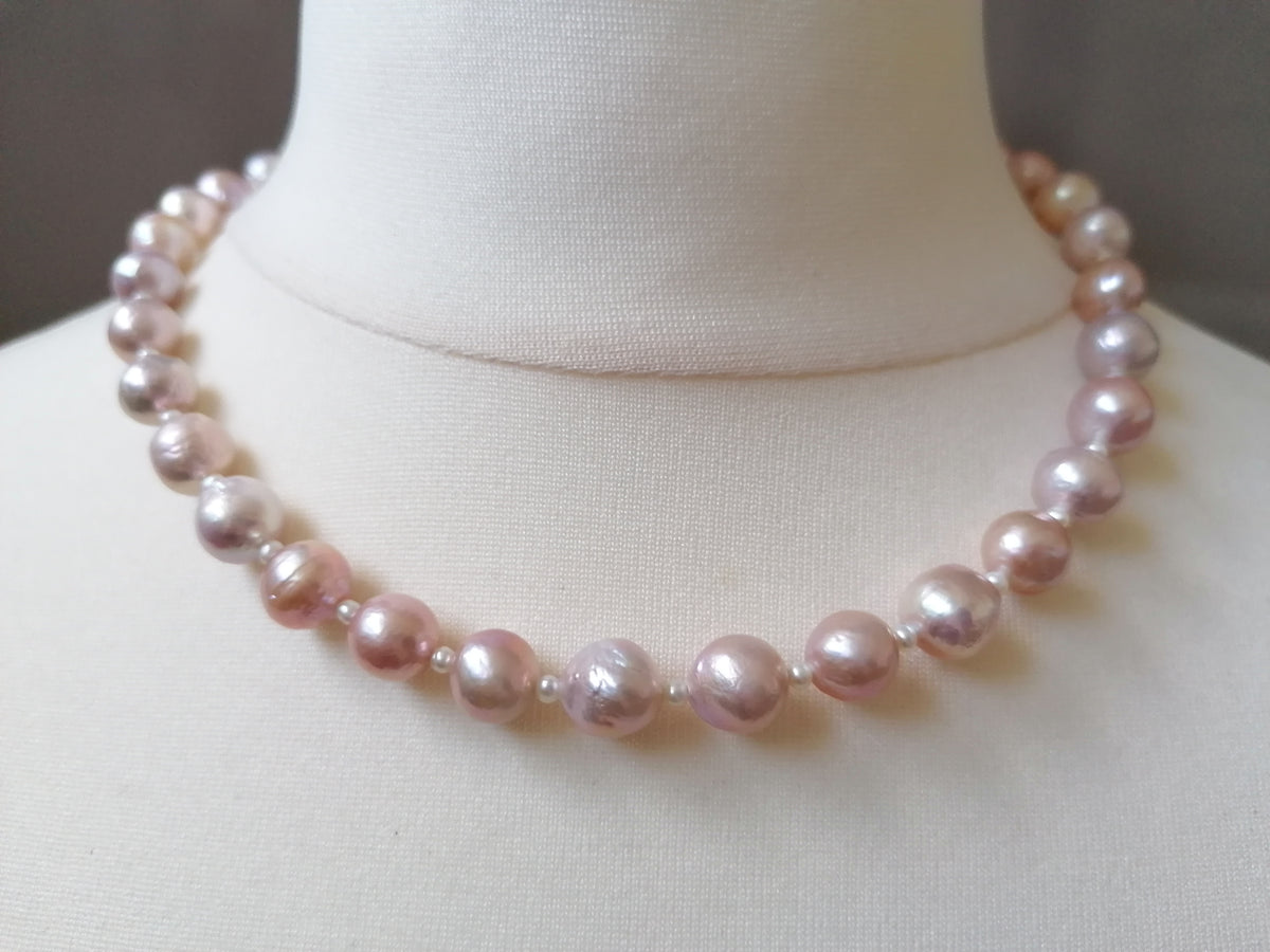 Cultured Freshwater Baroque Pearl Necklace in Light Rose Blush with Seed Pearl Spacers