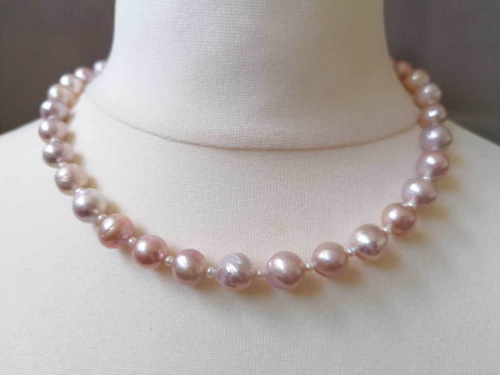 Cultured Freshwater Baroque Pearl Necklace in Light Rose Blush with Seed Pearl Spacers