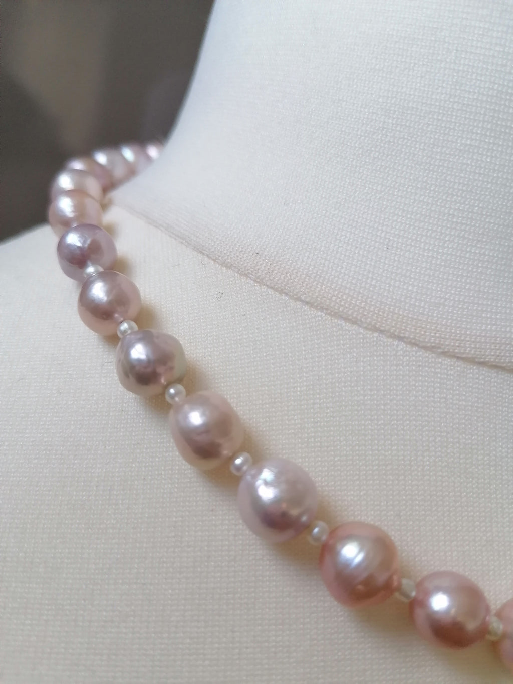 Cultured Freshwater Baroque Pearl Necklace in Light Rose Blush with Seed Pearl Spacers