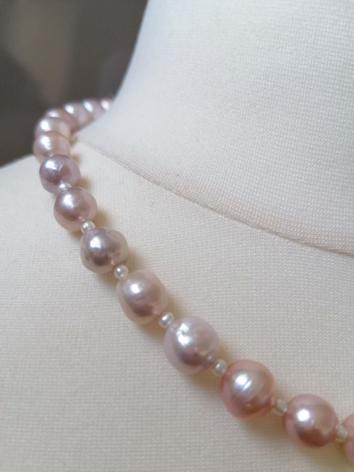Cultured Freshwater Baroque Pearl Necklace in Light Rose Blush with Seed Pearl Spacers
