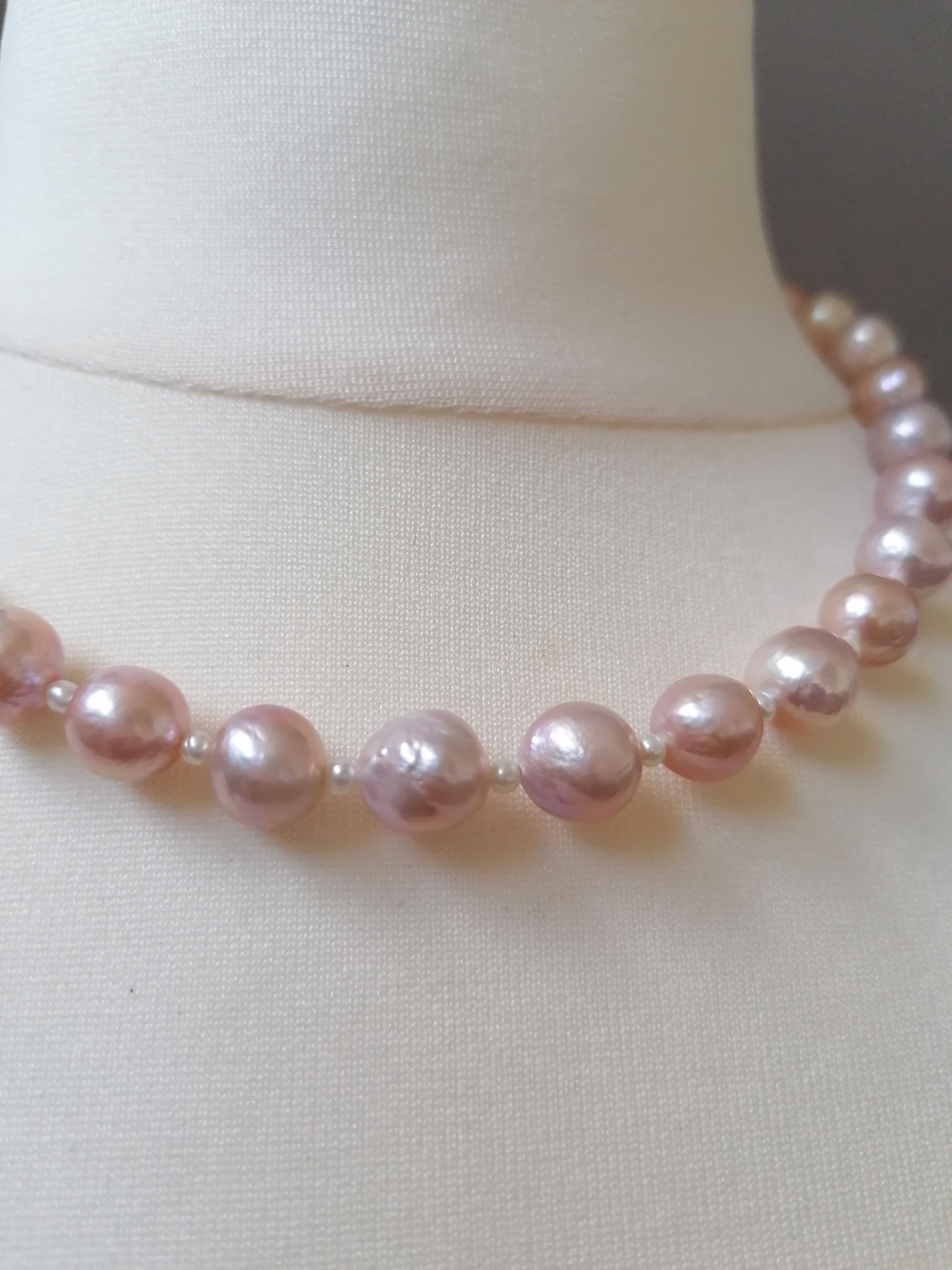 Cultured Freshwater Baroque Pearl Necklace in Light Rose Blush with Seed Pearl Spacers
