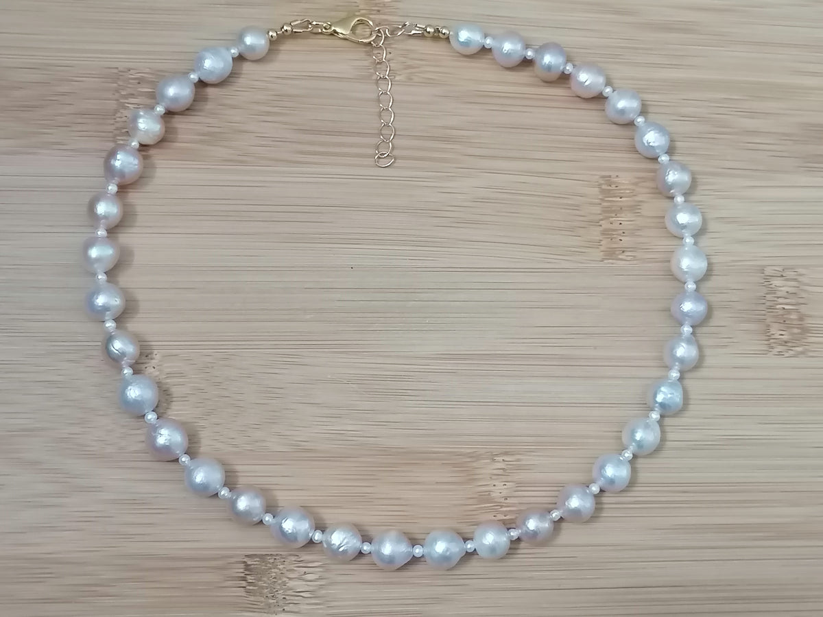 Cultured Freshwater Baroque Pearl Necklace in Light Rose Blush with Seed Pearl Spacers