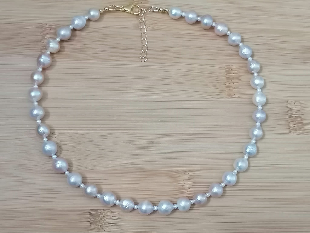 Cultured Freshwater Baroque Pearl Necklace in Light Rose Blush with Seed Pearl Spacers
