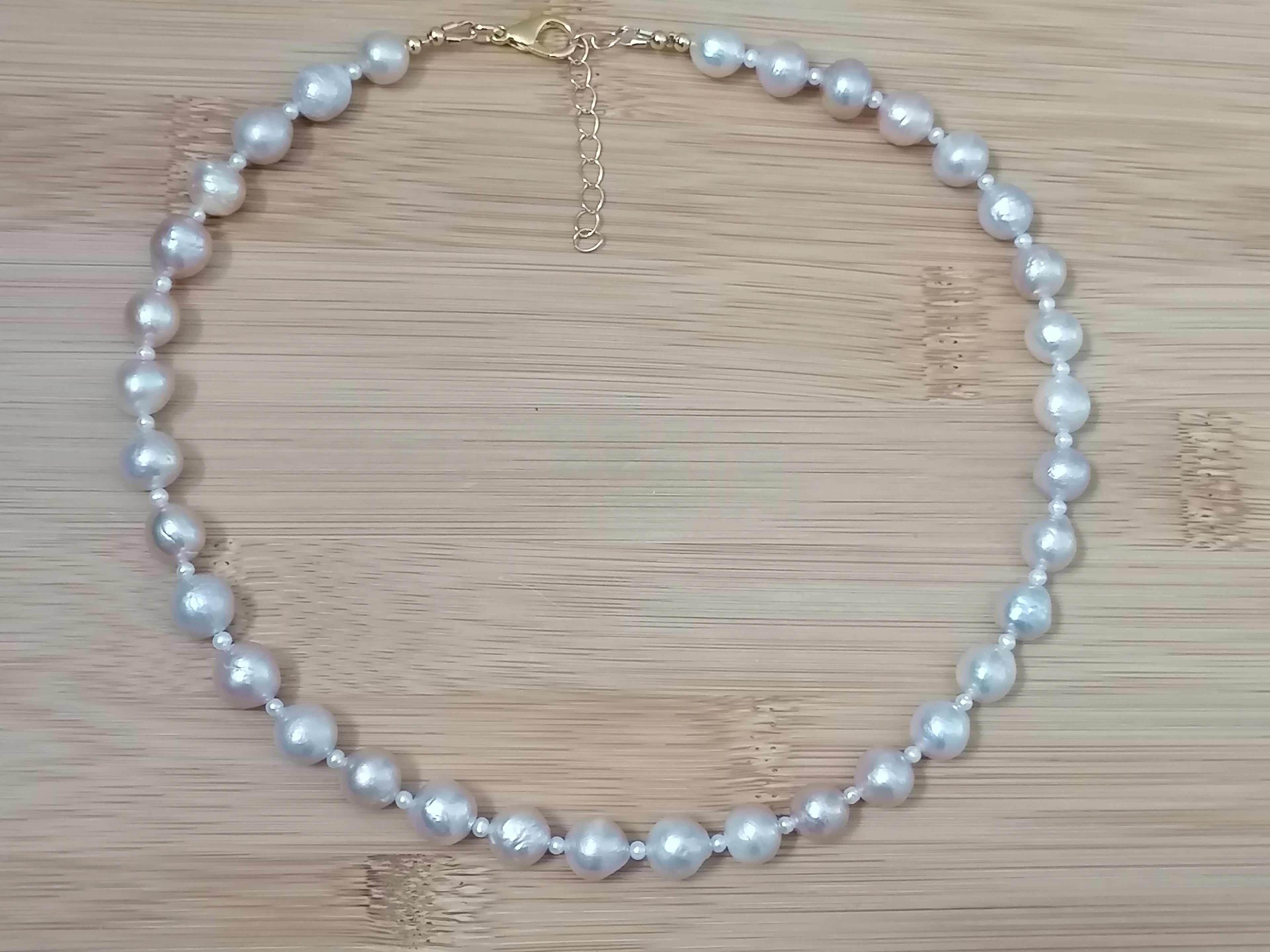 Cultured Freshwater Baroque Pearl Necklace in Light Rose Blush with Seed Pearl Spacers