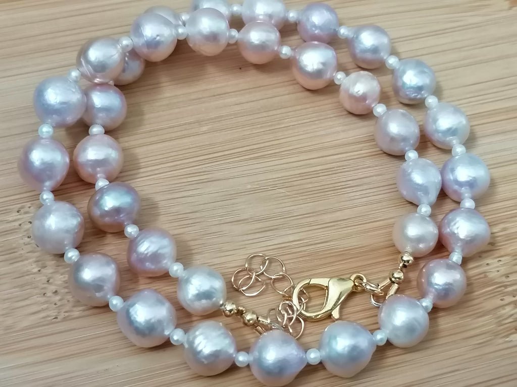 Cultured Freshwater Baroque Pearl Necklace in Light Rose Blush with Seed Pearl Spacers