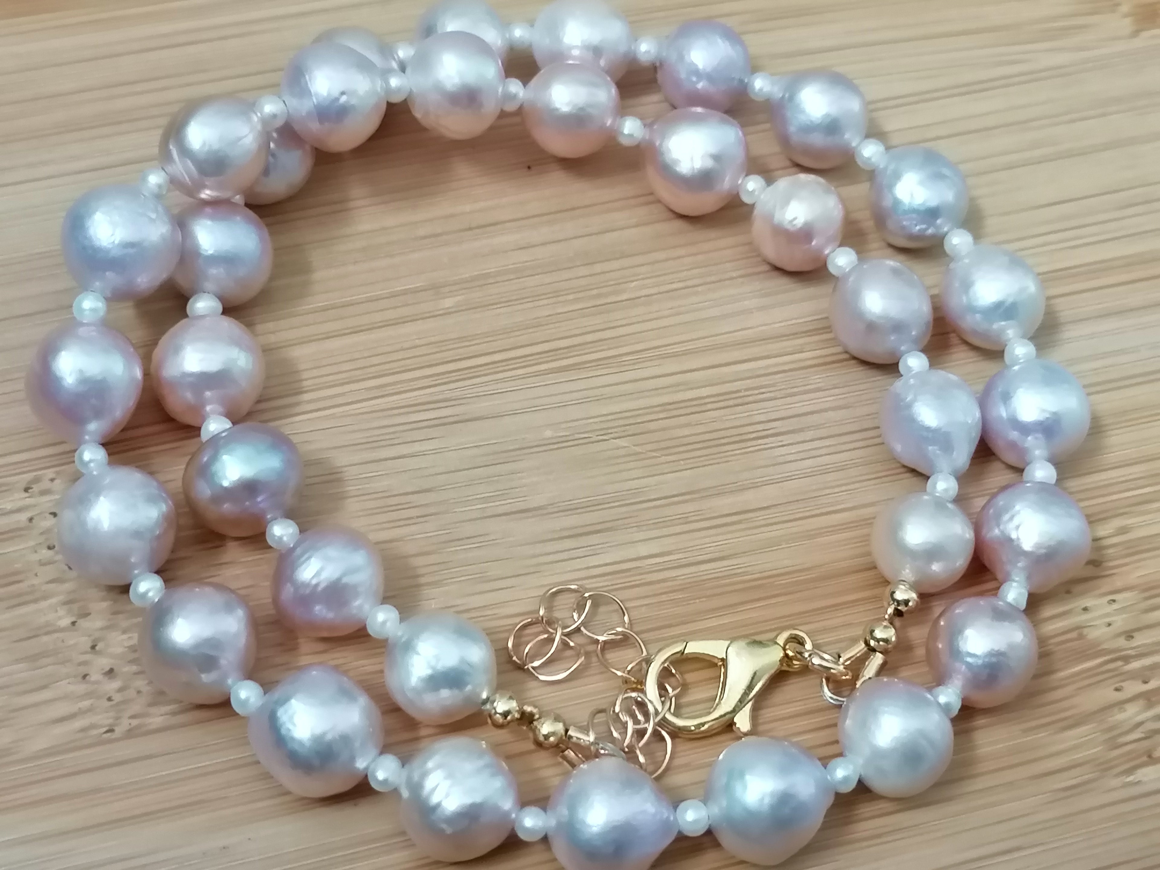 Cultured Freshwater Baroque Pearl Necklace in Light Rose Blush with Seed Pearl Spacers