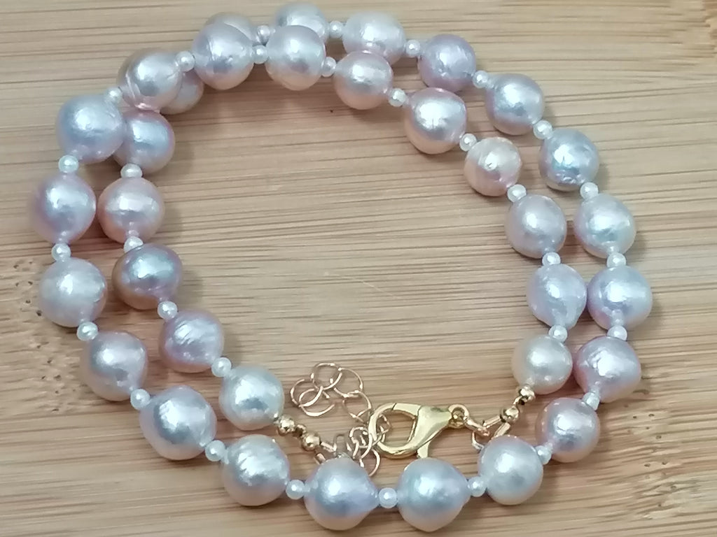 Cultured Freshwater Baroque Pearl Necklace in Light Rose Blush with Seed Pearl Spacers