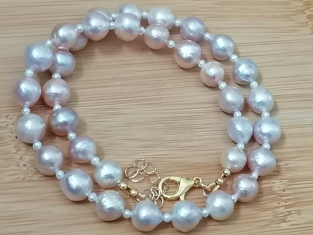 Cultured Freshwater Baroque Pearl Necklace in Light Rose Blush with Seed Pearl Spacers