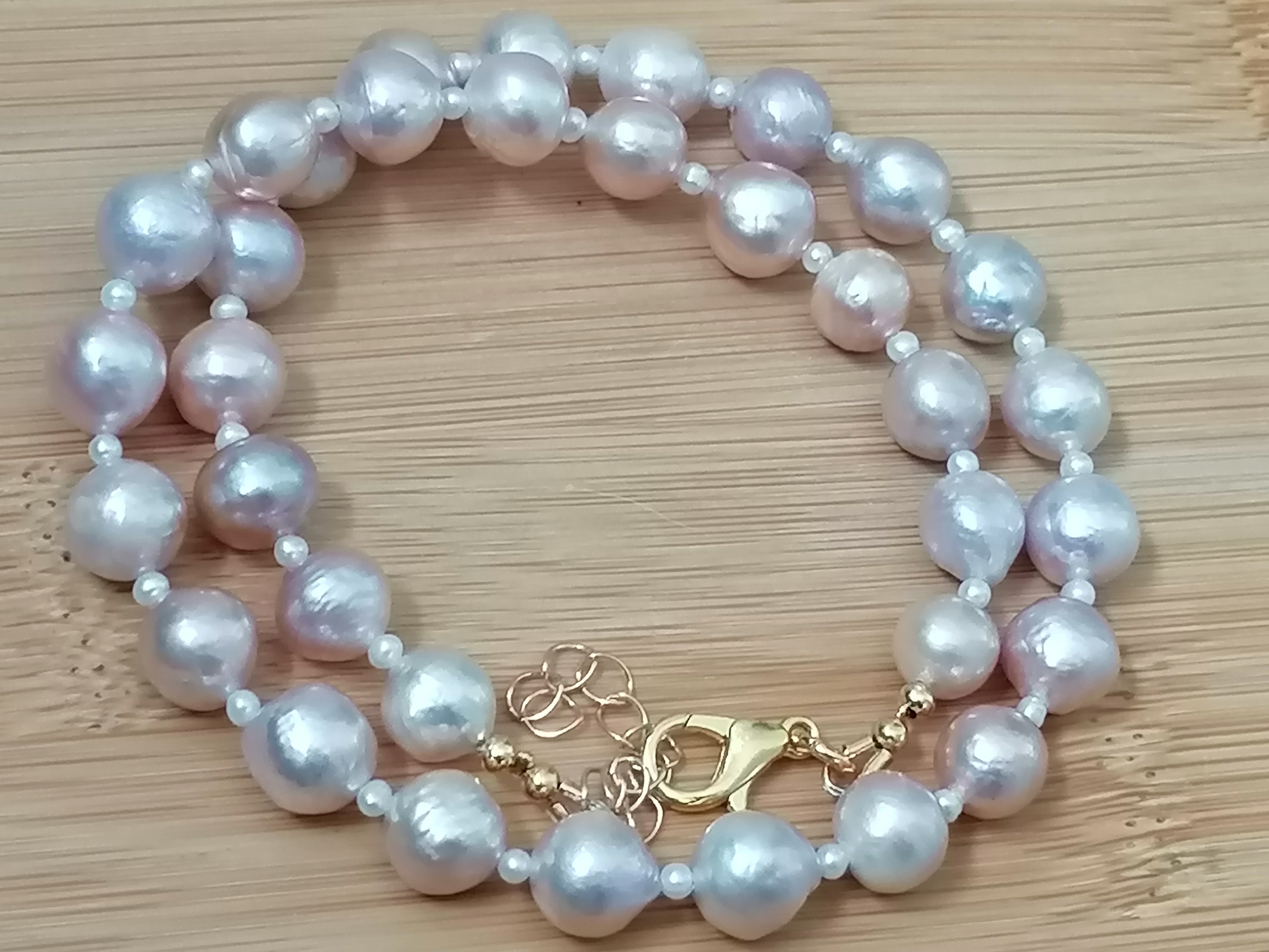 Cultured Freshwater Baroque Pearl Necklace in Light Rose Blush with Seed Pearl Spacers