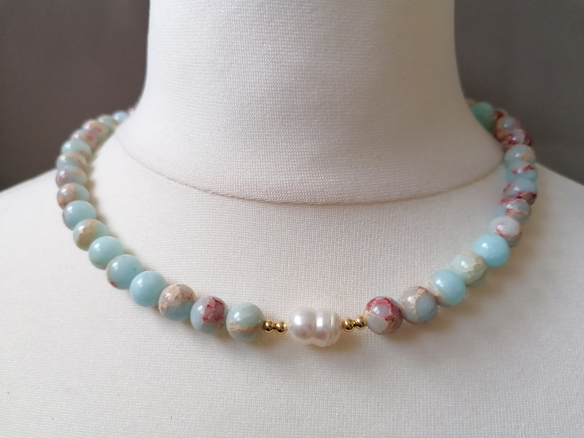 Sky Blue Sediment Jasper & Pearl Necklace