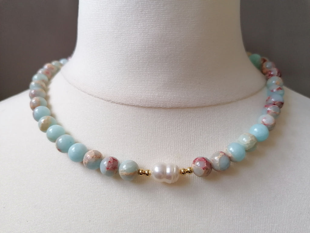 Sky Blue Sediment Jasper & Pearl Necklace