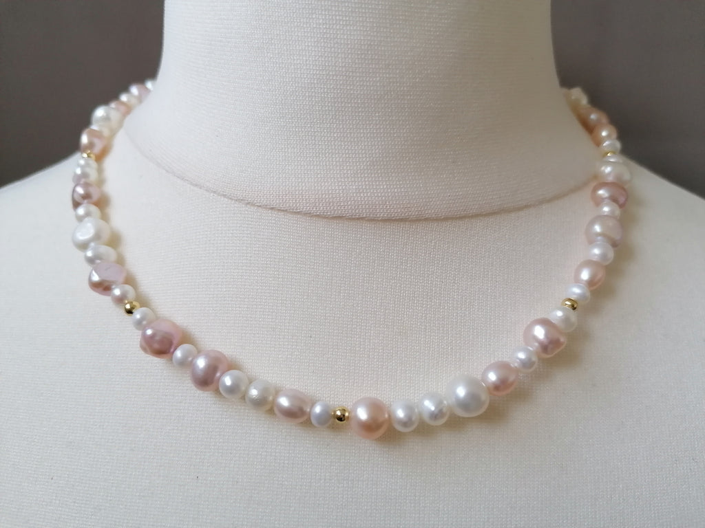 Creamy White & Pink Baroque Pearl Necklace