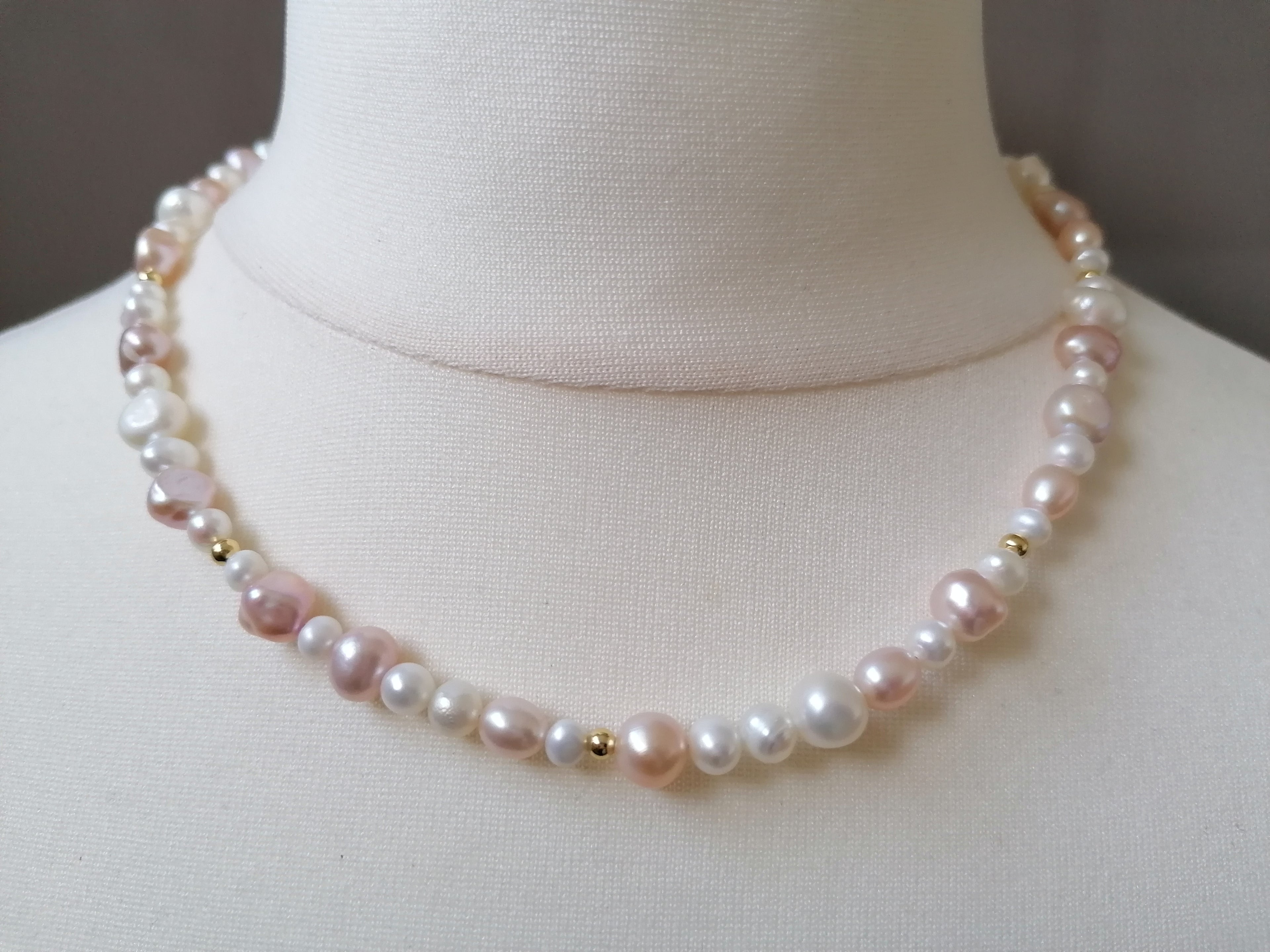 Creamy White & Pink Baroque Pearl Necklace