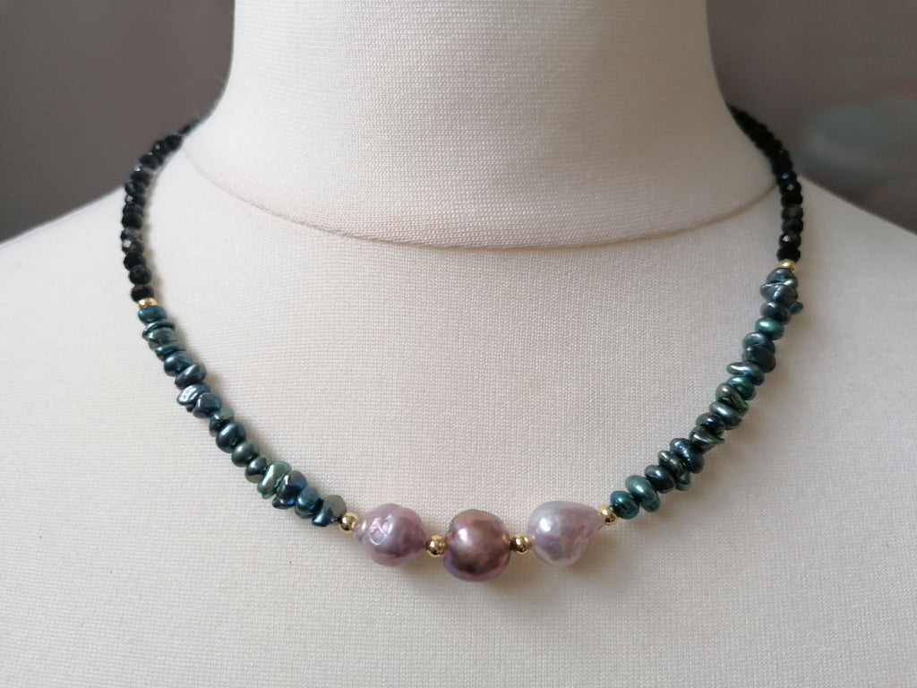 Cultured Freshwater Baroque Pearl, Keshi Pearl & Black Tourmaline Necklace