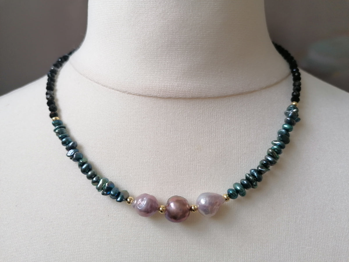 Cultured Freshwater Baroque Pearl, Keshi Pearl & Black Tourmaline Necklace