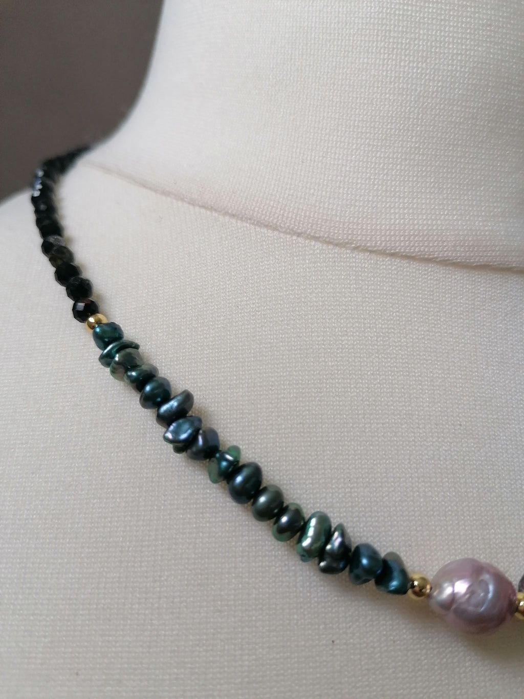 Cultured Freshwater Baroque Pearl, Keshi Pearl & Black Tourmaline Necklace