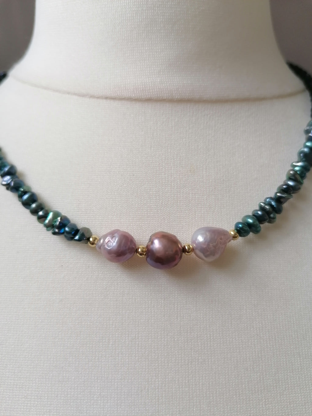 Cultured Freshwater Baroque Pearl, Keshi Pearl & Black Tourmaline Necklace