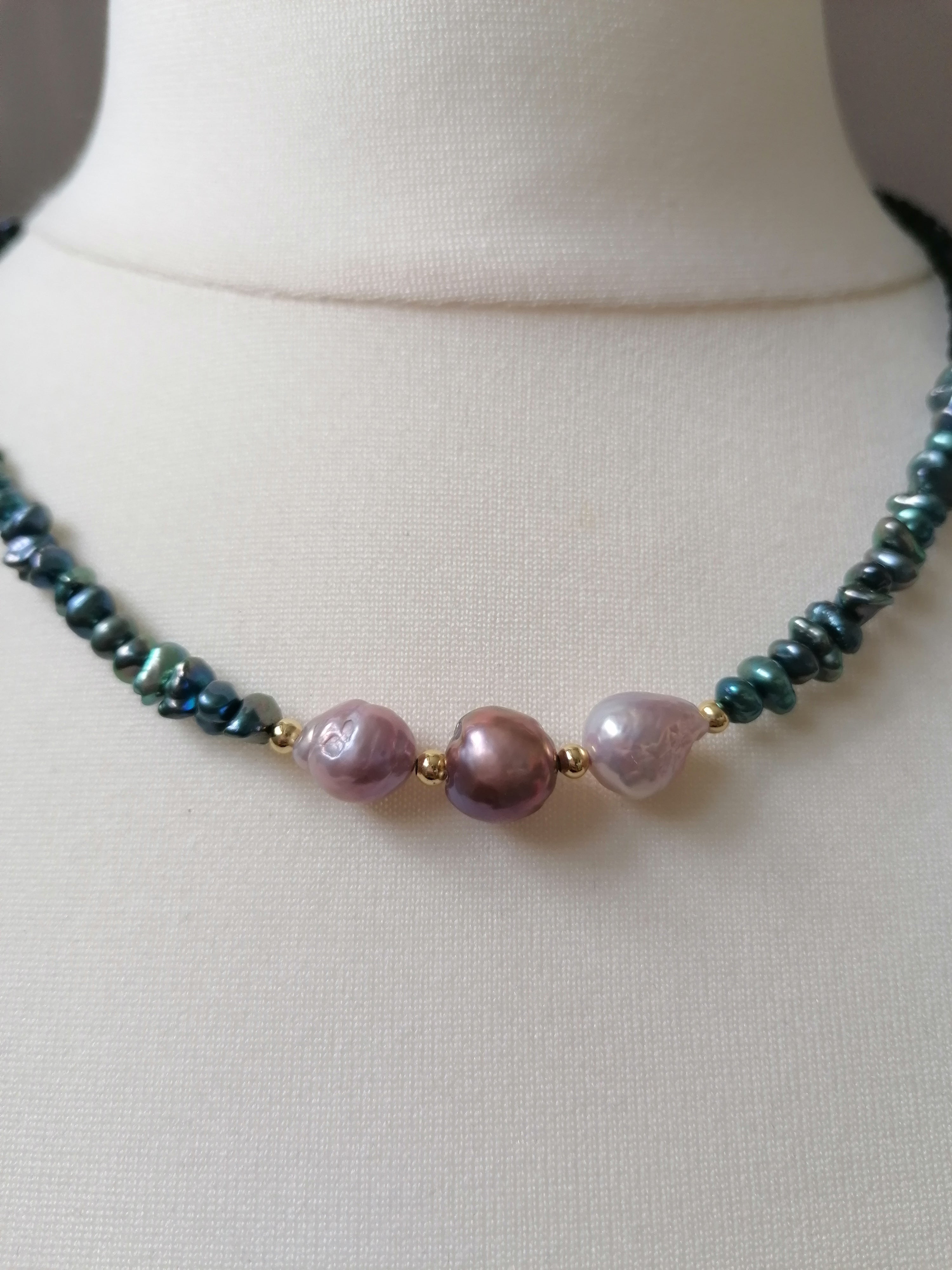 Cultured Freshwater Baroque Pearl, Keshi Pearl & Black Tourmaline Necklace