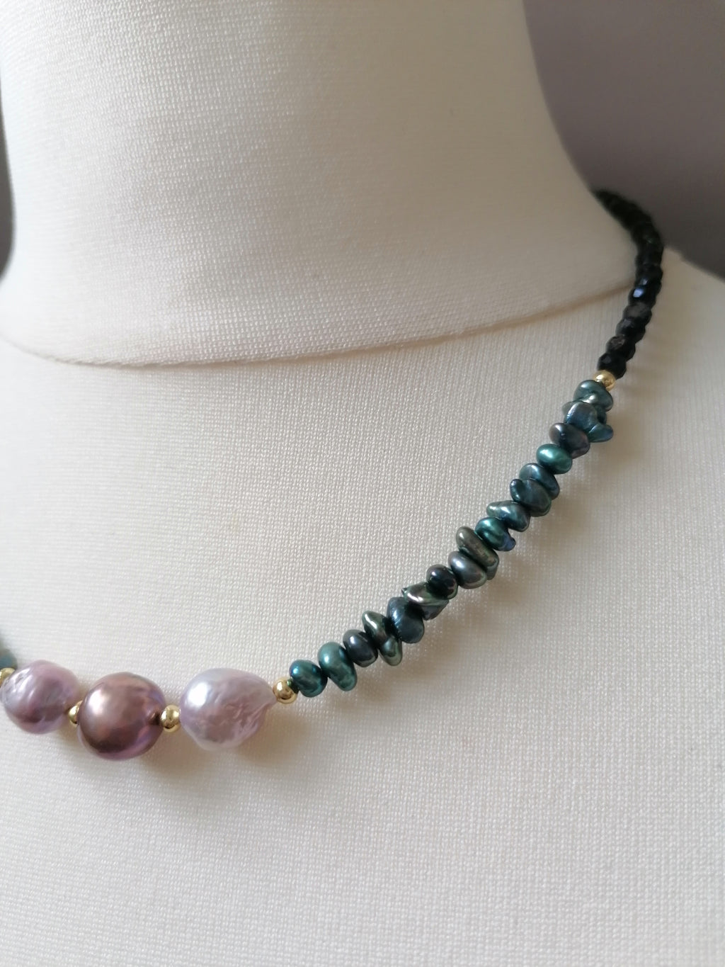 Cultured Freshwater Baroque Pearl, Keshi Pearl & Black Tourmaline Necklace