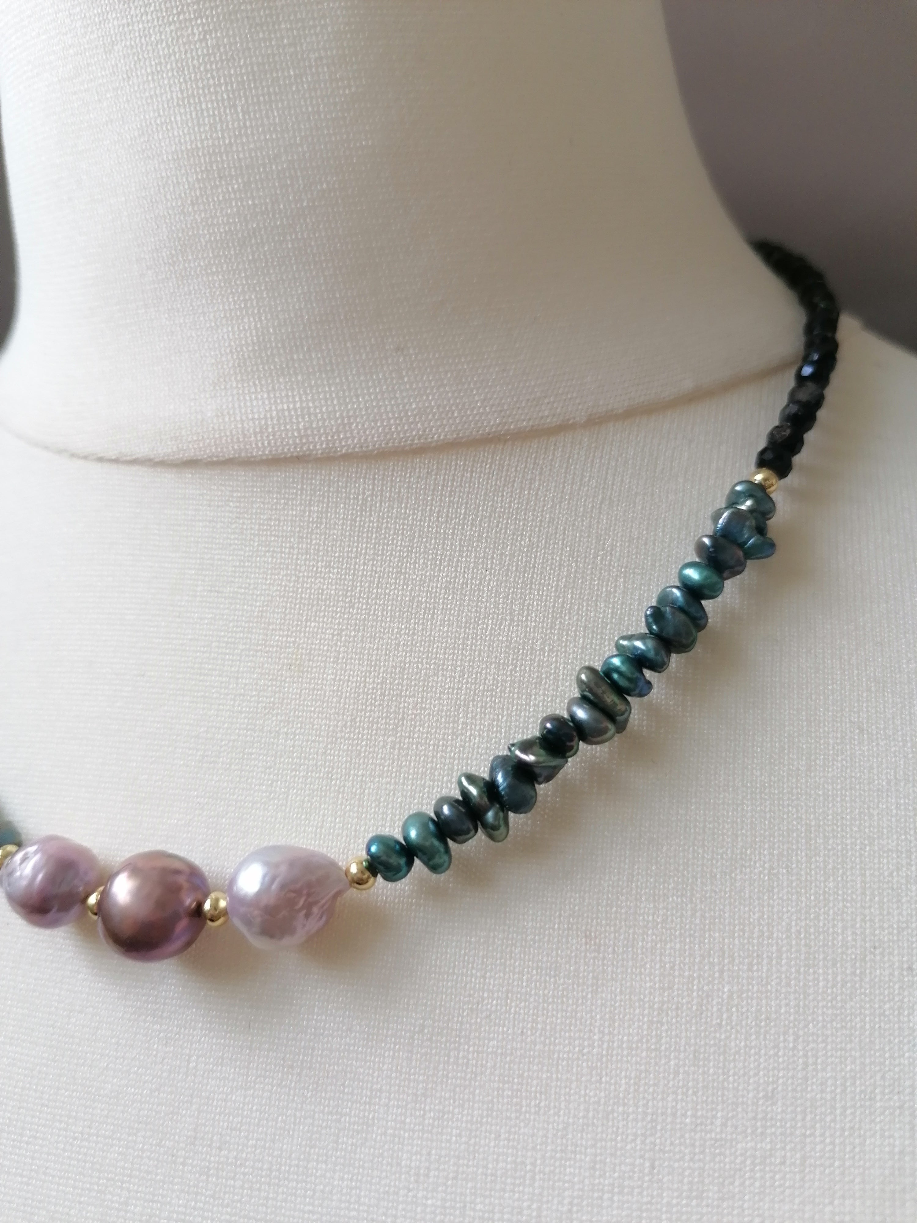 Cultured Freshwater Baroque Pearl, Keshi Pearl & Black Tourmaline Necklace
