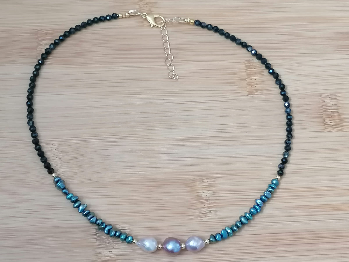 Cultured Freshwater Baroque Pearl, Keshi Pearl & Black Tourmaline Necklace