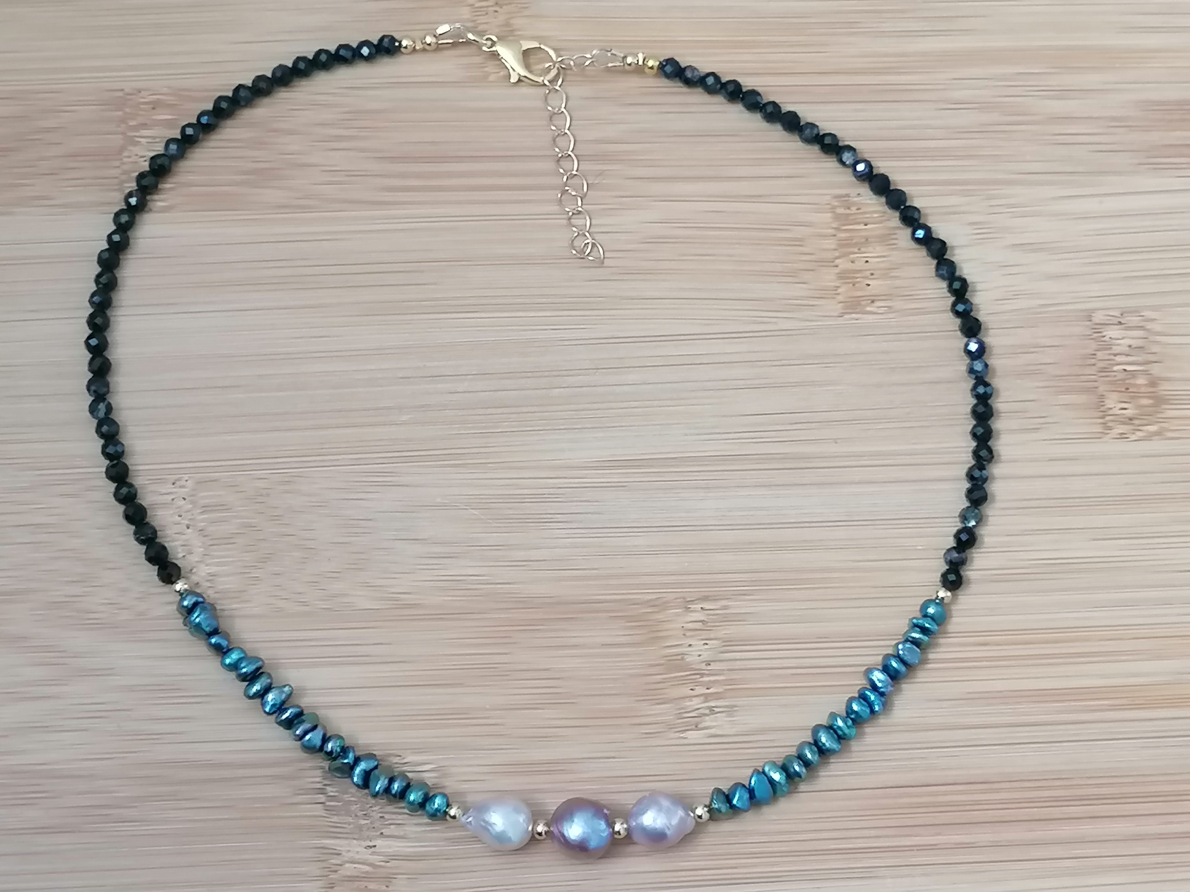 Cultured Freshwater Baroque Pearl, Keshi Pearl & Black Tourmaline Necklace