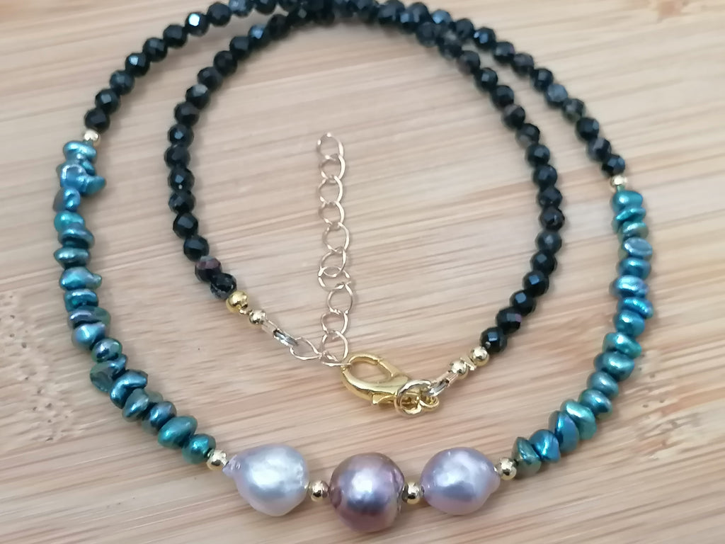 Cultured Freshwater Baroque Pearl, Keshi Pearl & Black Tourmaline Necklace