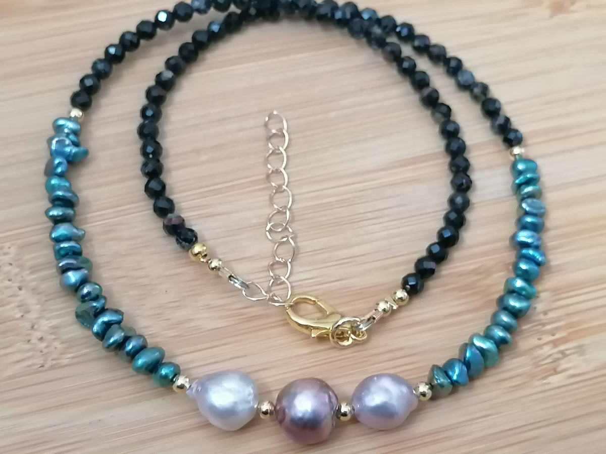 Cultured Freshwater Baroque Pearl, Keshi Pearl & Black Tourmaline Necklace