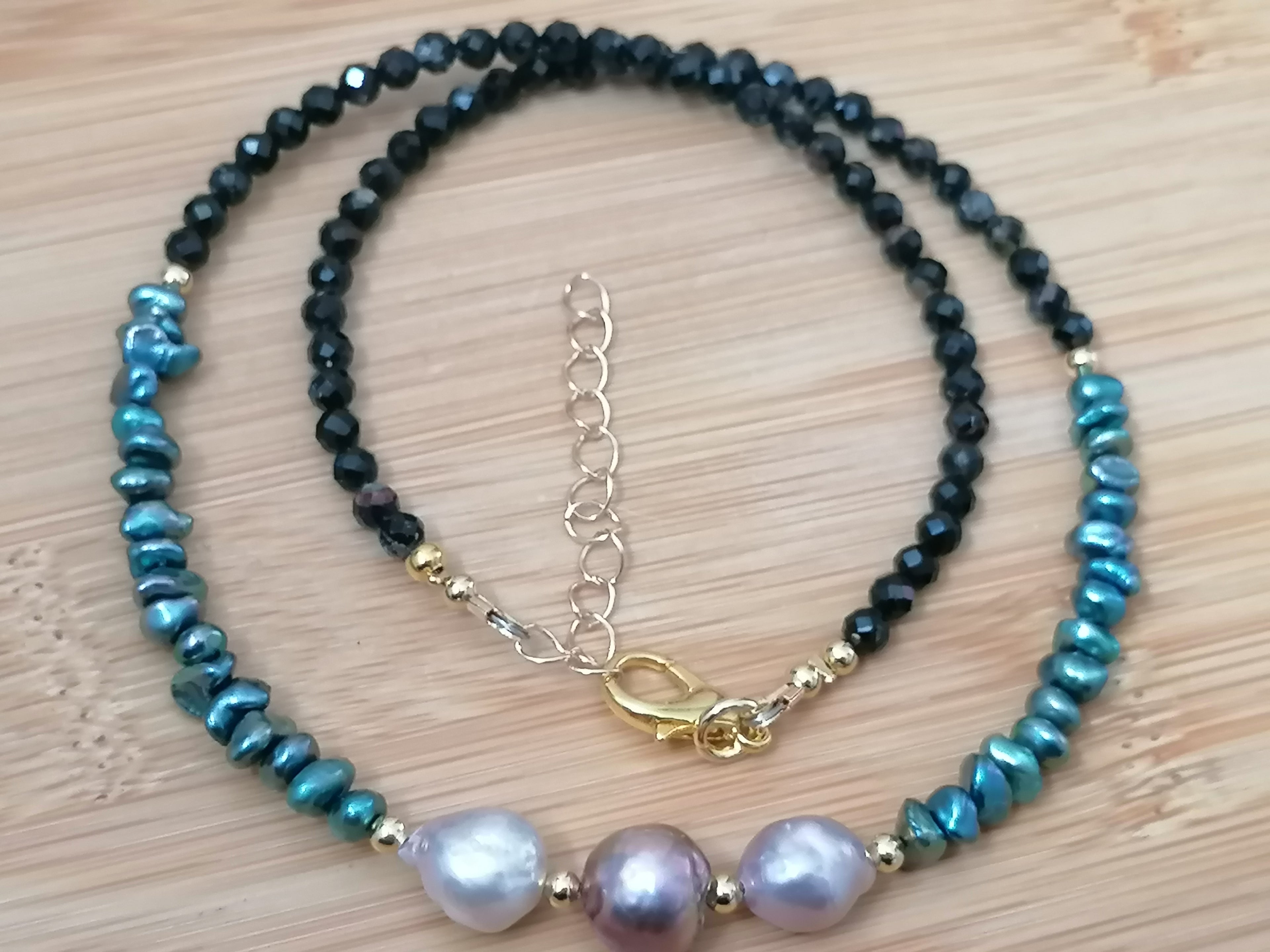 Cultured Freshwater Baroque Pearl, Keshi Pearl & Black Tourmaline Necklace